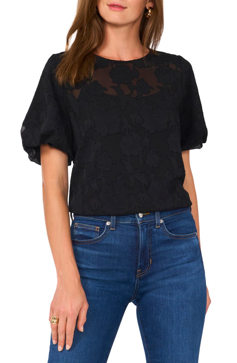 Vince Camuto Puff Sleeve Jacquard Chiffon Top, Main, color,