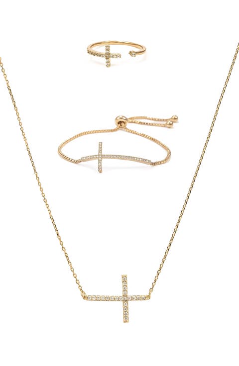 Horizontal Cross Adjustable Bracelet, Necklace & Ring Set