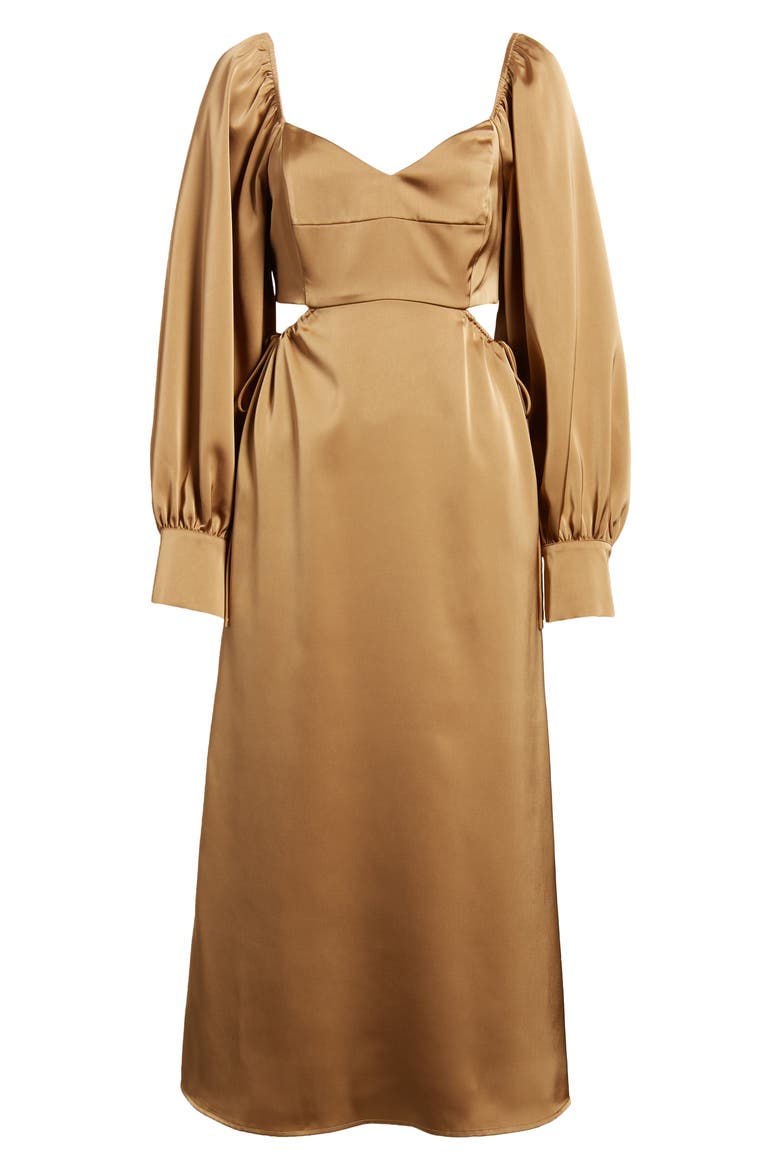 Cutout Long Sleeve Satin Midi Dress, Alternate, color, BRONZE