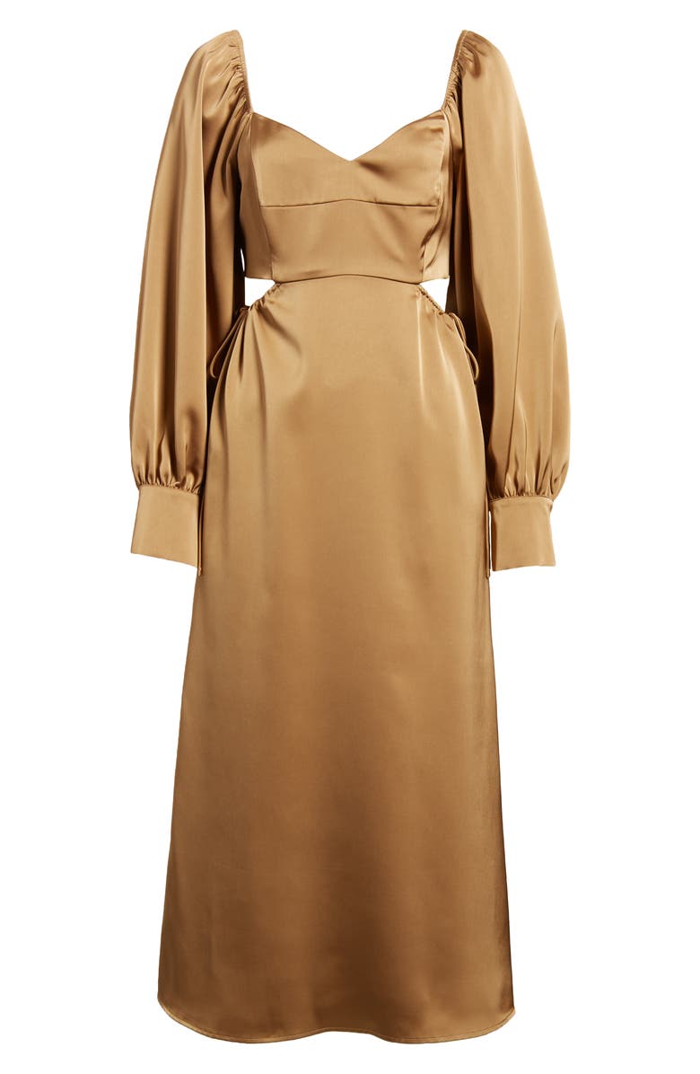 MOON RIVER Cutout Long Sleeve Satin Midi Dress, Alternate, color, Bronze