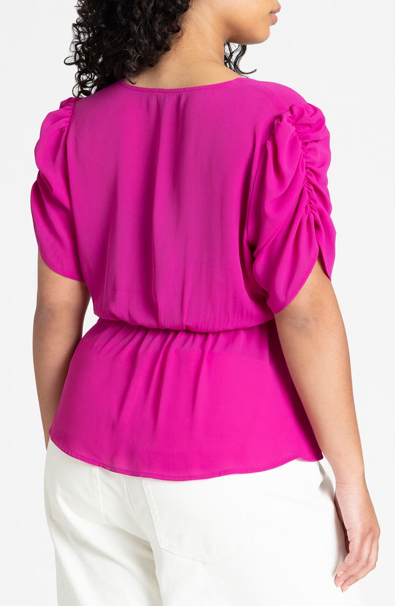 ELOQUII V-Neck Button Front Double Georgette Peplum Top, Alternate, color, 