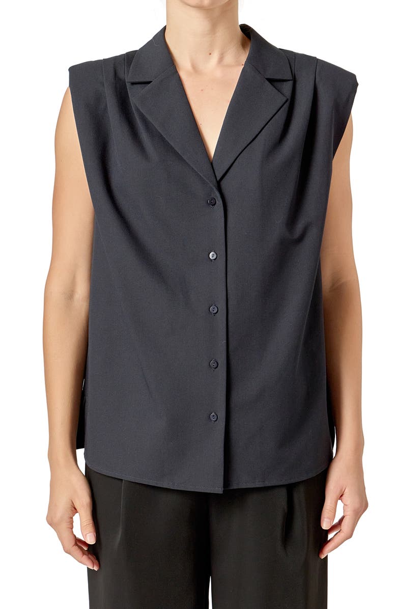 English Factory Pleated Sleeveless Shirt, Alternate, color, Navy