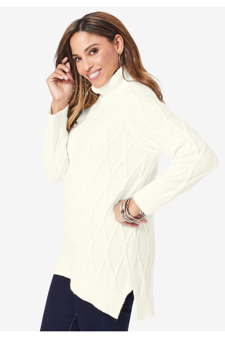 Cable Turtleneck Sweater, Alternate, color, DUSTY INDIGO