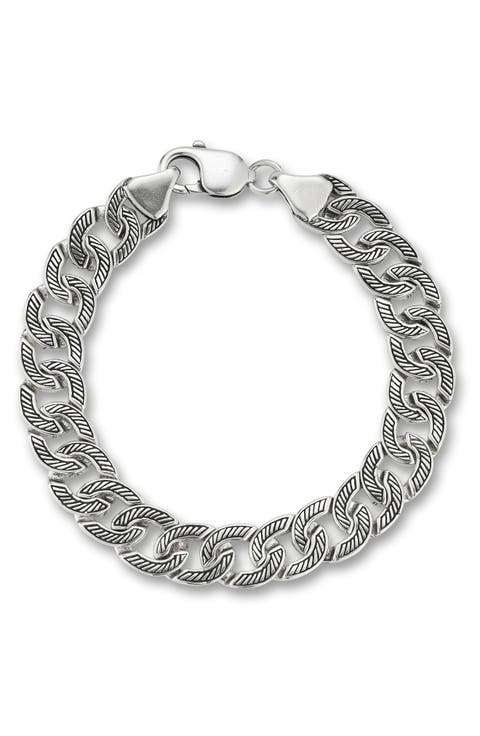 Men's Oxidized Sterling Silver Etched Curb Chain Bracelet