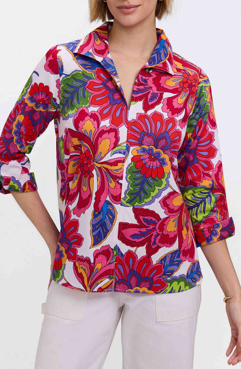 Foxcroft Agnes Paradise Blooms Three-Quarter Sleeve Cotton Popover Top, Main, color, 