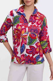 Foxcroft Agnes Paradise Blooms Three-Quarter Sleeve Cotton Popover Top