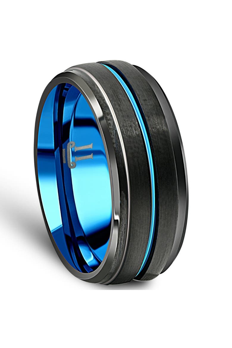 Men's Black & Blue Tungsten Ring Brushed Beveled Step Cut Wedding Band, Alternate, color, Black Tungsten