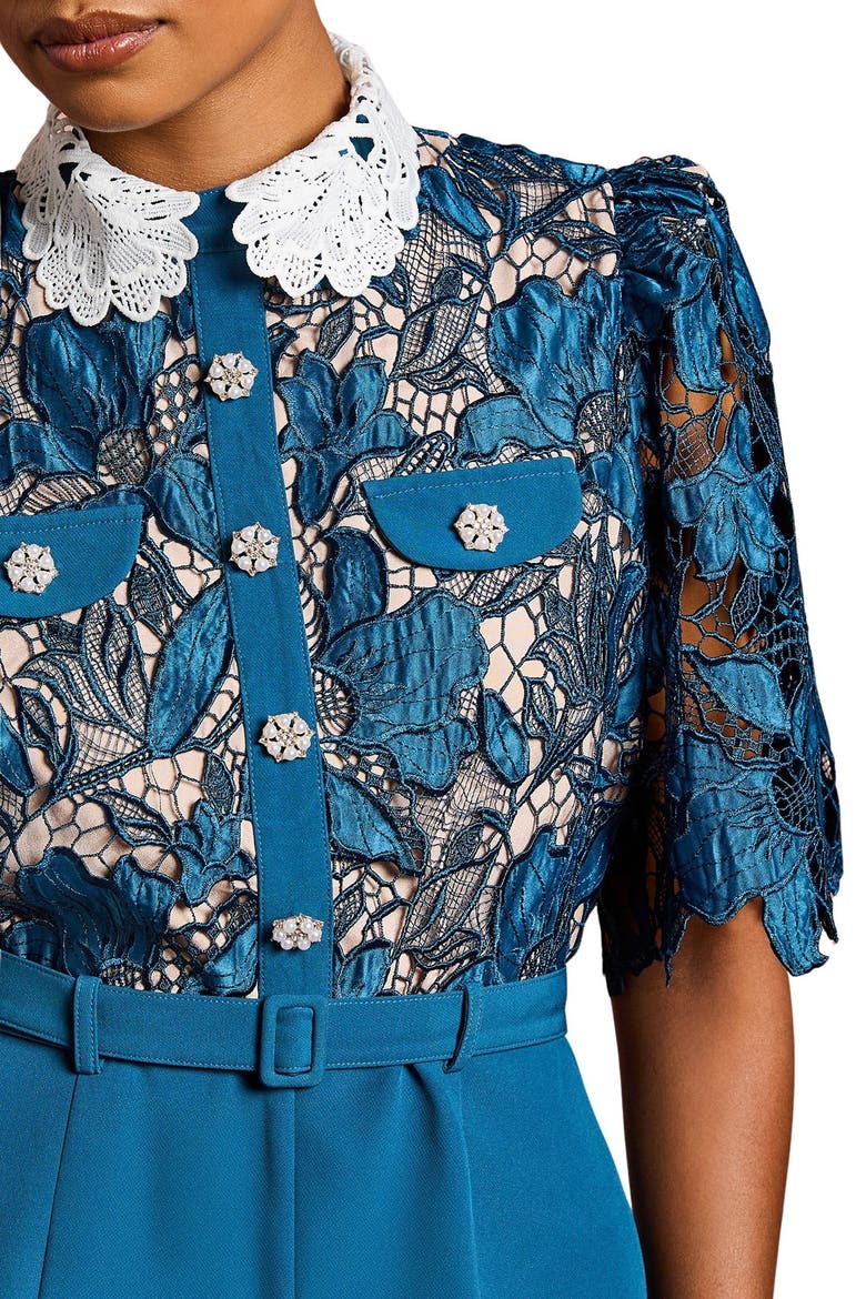 Petite Lace Shirt Short Sleeve Jumpsuit, Alternate, color, Slate Blue