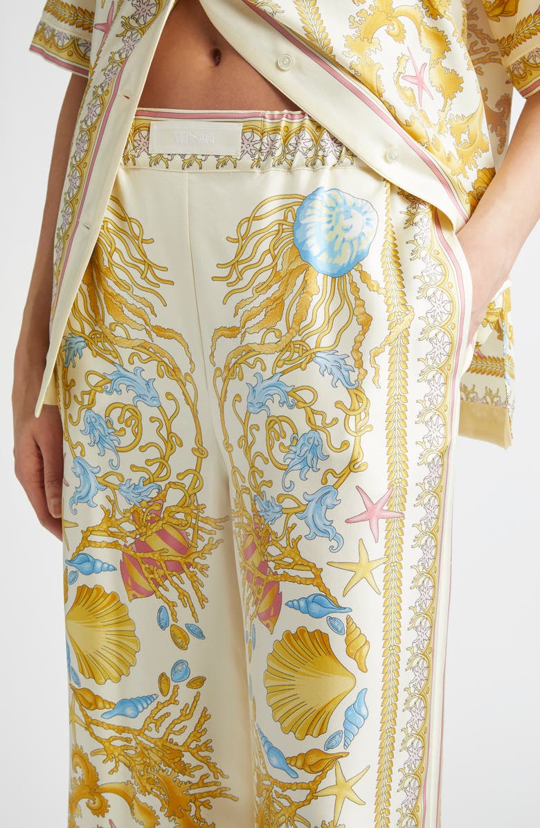 Versace Underwater Barocco Wide Leg Silk Pants, Alternate, color, Eggshell Multicolor