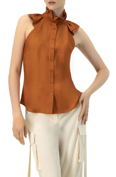 Sleeveless High Neck Blouse with Front Buttons