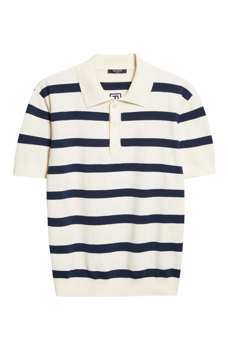 Balmain Marinière Stripe Cotton Blend Terry Cloth Polo, Alternate, color, Natural/ Navy