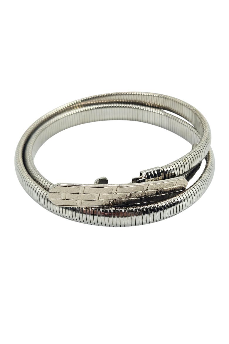 Vintage 1970s Silvertone Snake Stretch Belt with Etched Buckle, Alternate, color, Silver