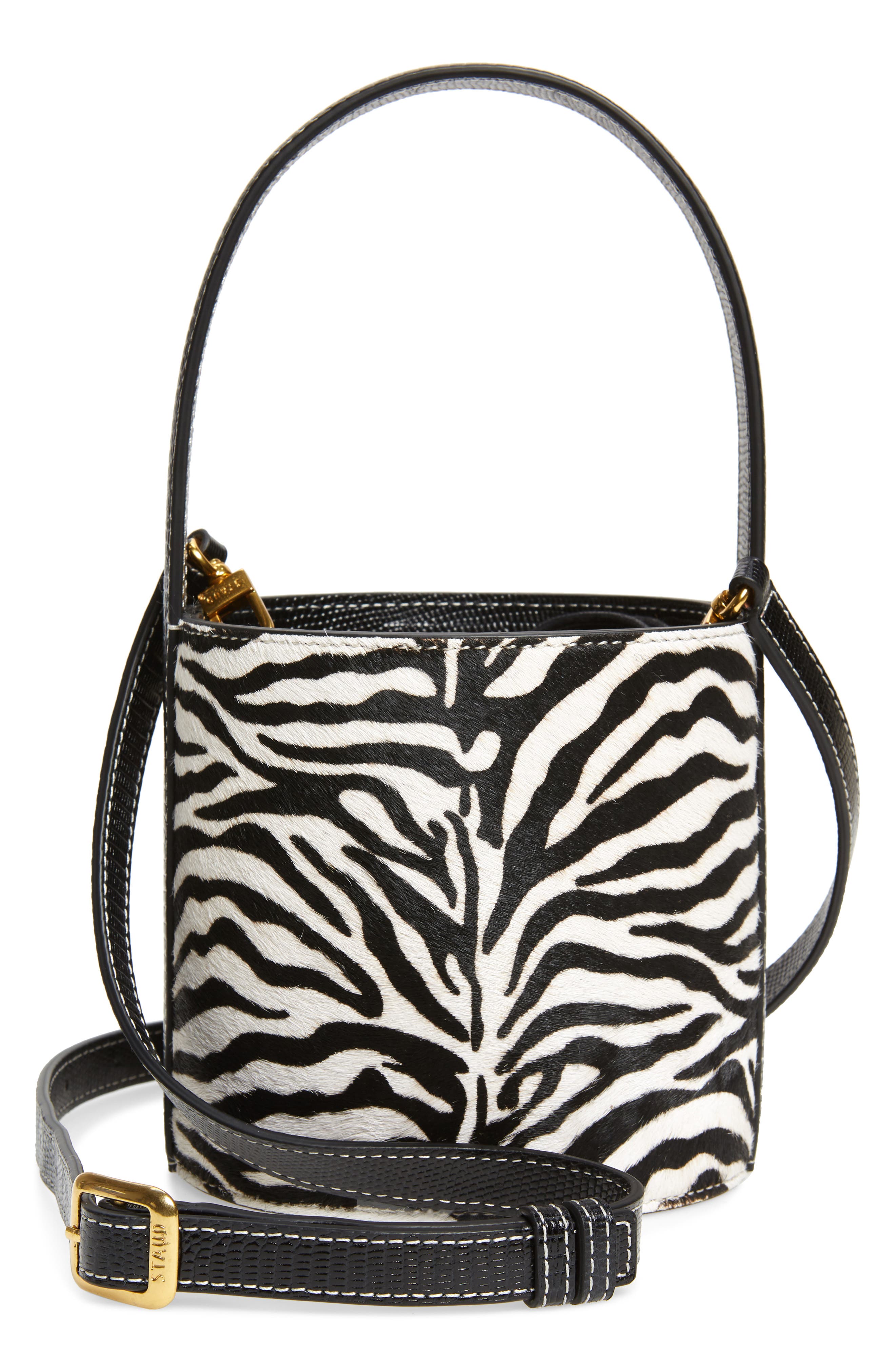 STAUD Mini Bissett Zebra Calf Hair Bucket Bag, Main, color, 