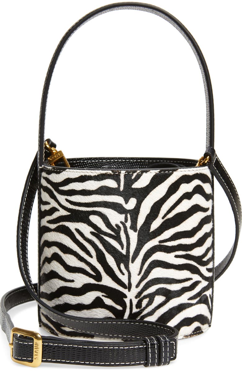 STAUD Mini Bissett Zebra Calf Hair Bucket Bag, Main, color,