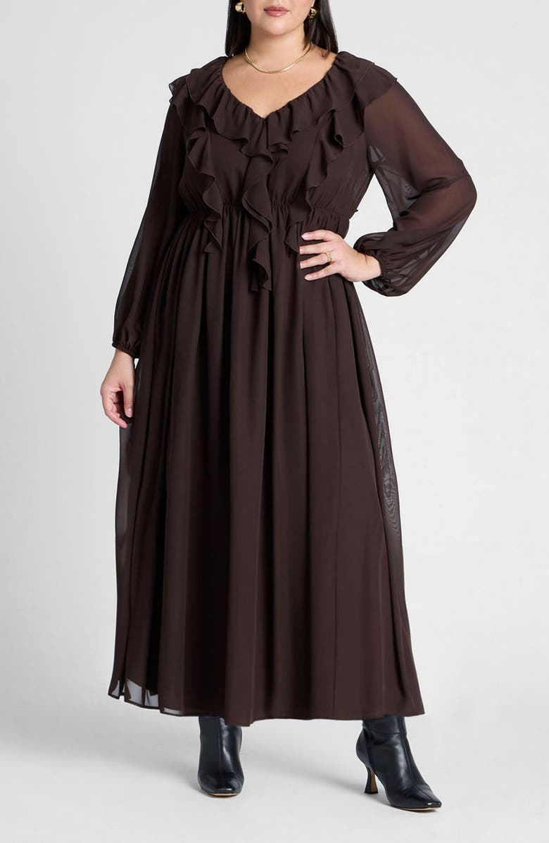 ELOQUII Cascade Ruffles Long Sleeve Maxi Dress, Main, color, 