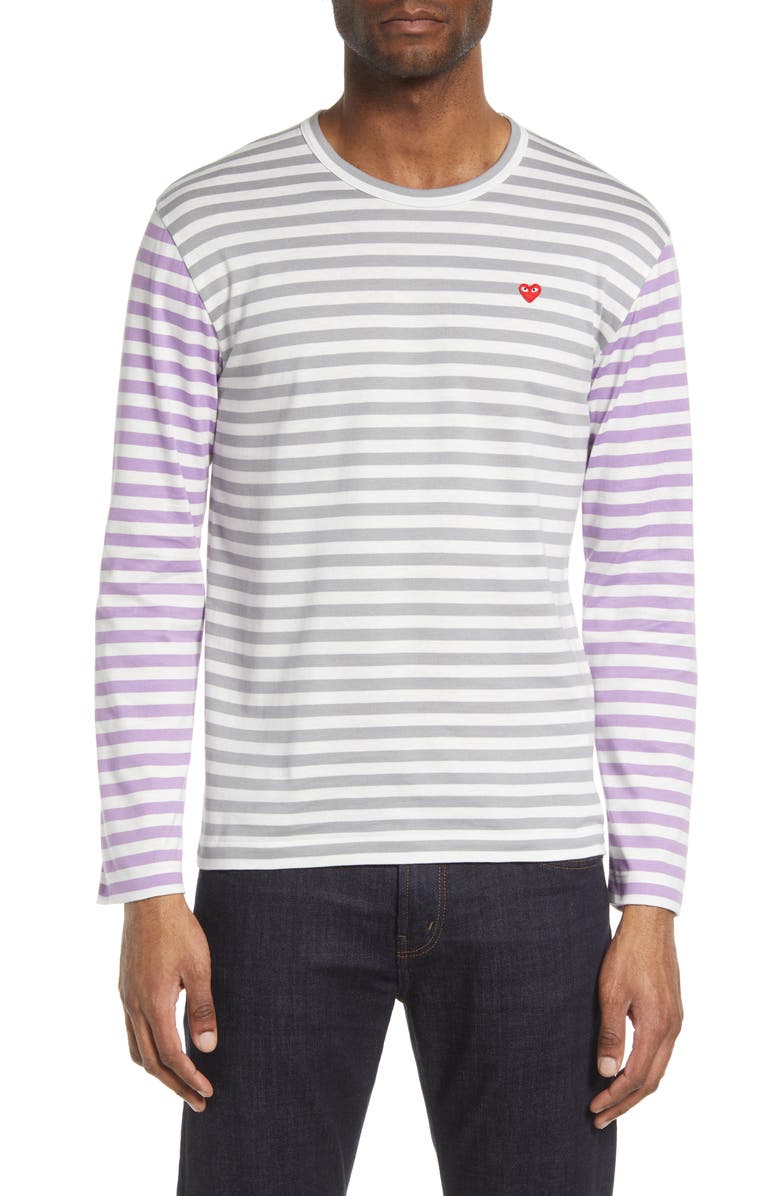 Comme des Garçons PLAY Small Heart Stripe Colorblock Long Sleeve T-Shirt, Main, color, Grey/ Purple