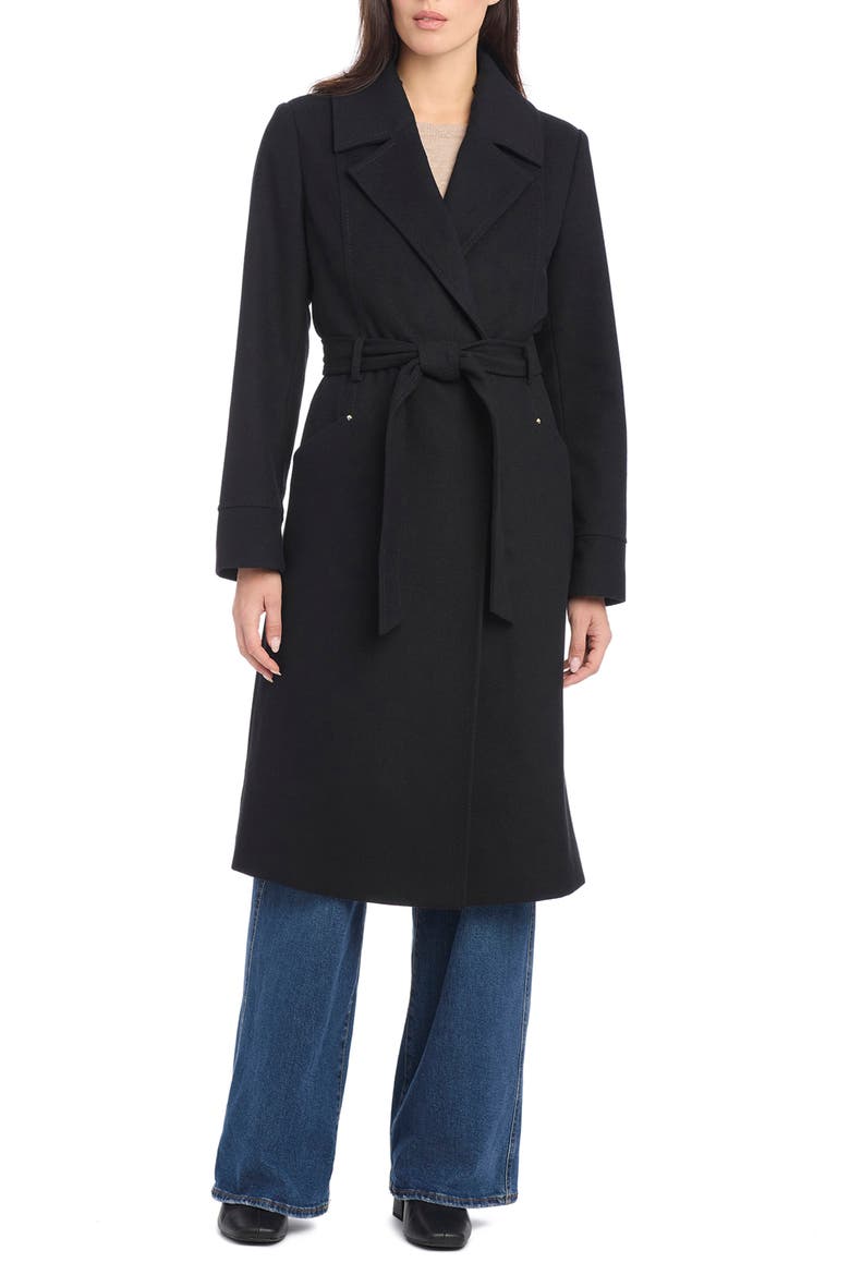 removable faux fur collar belted wool blend coat, Alternate, color, BLACK