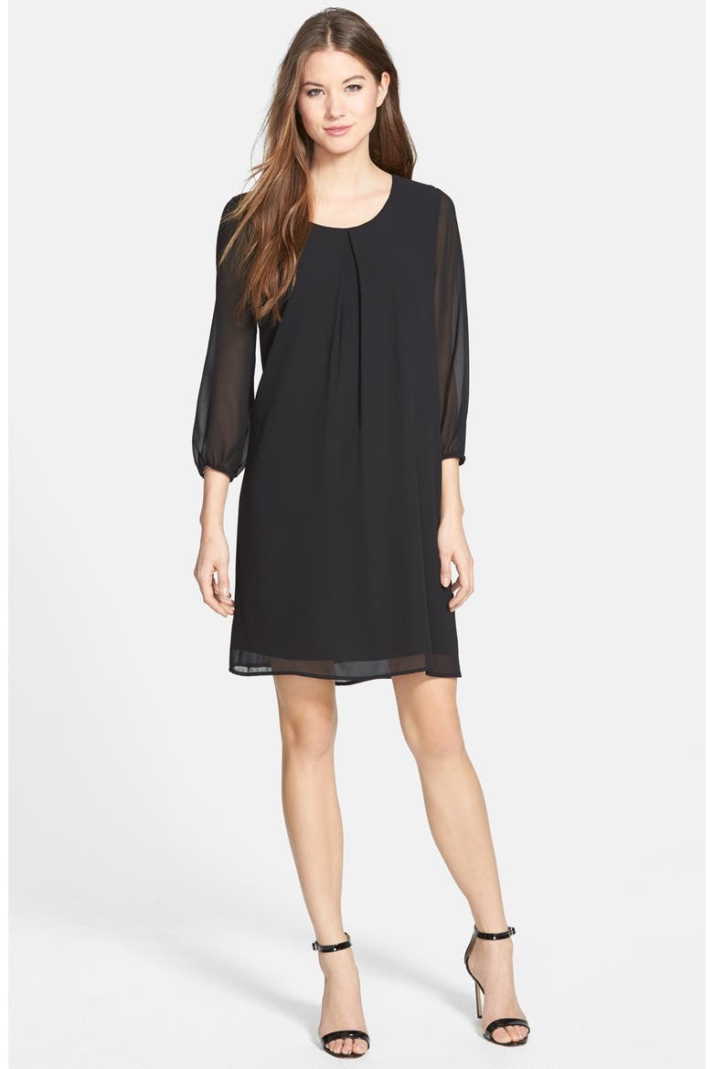 Three-Quarter Sleeve Pleat Front Dress, Main, color, BLACK