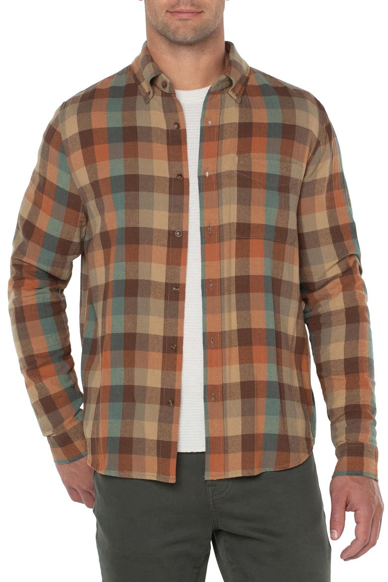 Plaid Button-Down Shirt, Main, color, TEAL/ RUST MULTI