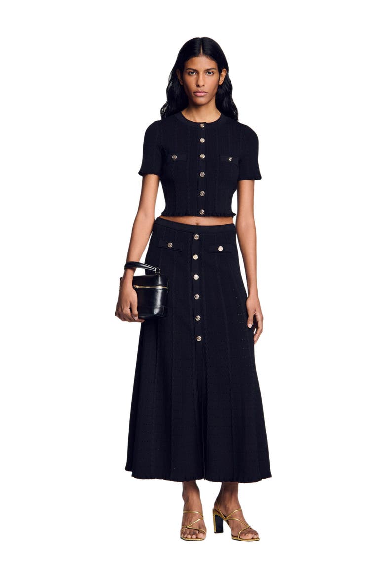 Pointelle knit midi skirt, Alternate, color, Black