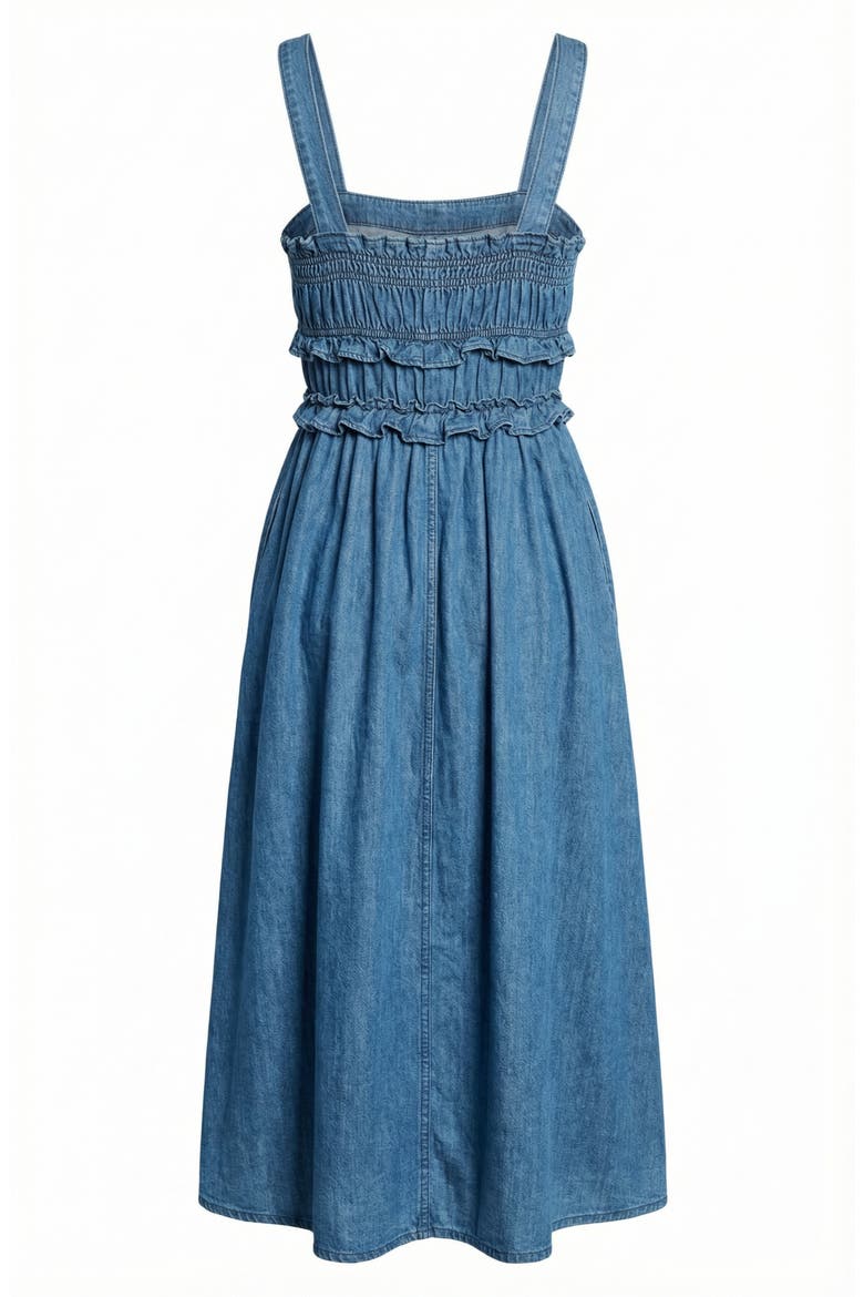 Smocked Bodice Midi Dress with Ruffled Straps, Alternate, color, Medium Wash Blue