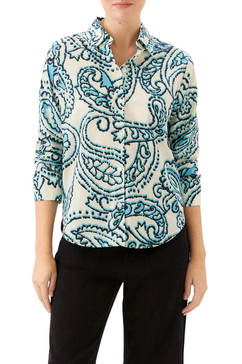 Ruched Sleeve Shirt, Main, color, IVORY/ BLUE PRINT