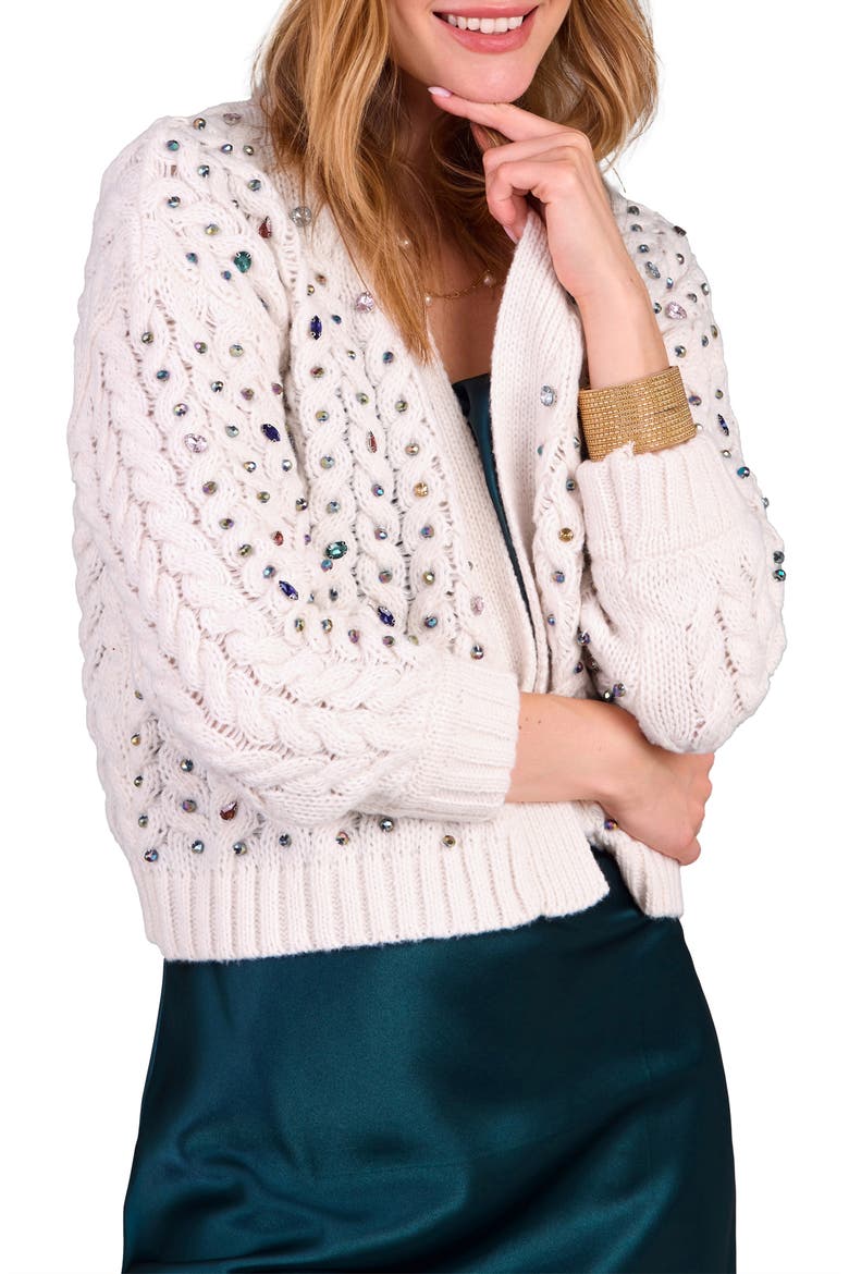 Gemstone Cable Knit Hooded Cardigan, Alternate, color, WHITE