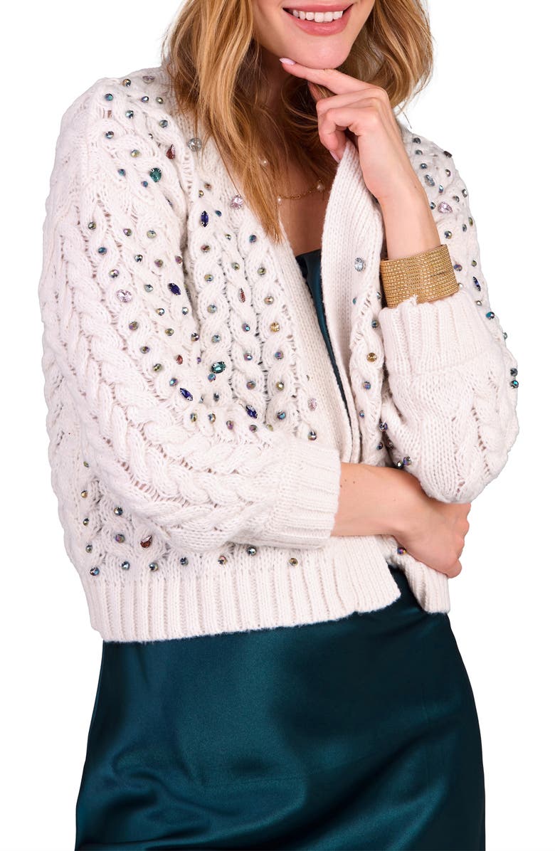 SAACHI Gemstone Cable Knit Hooded Cardigan, Alternate, color, White