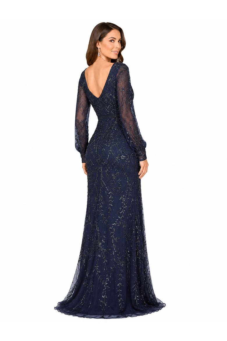 V-Neck Beaded Gown with Sleeves, Alternate, color, Navy