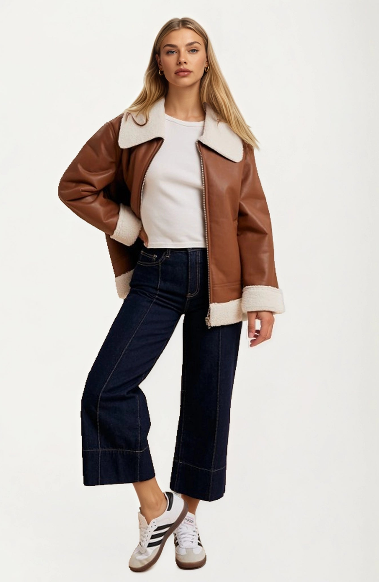 Knit and Lounge Faux Shearling Trim Moto Jacket, Alternate, color, 