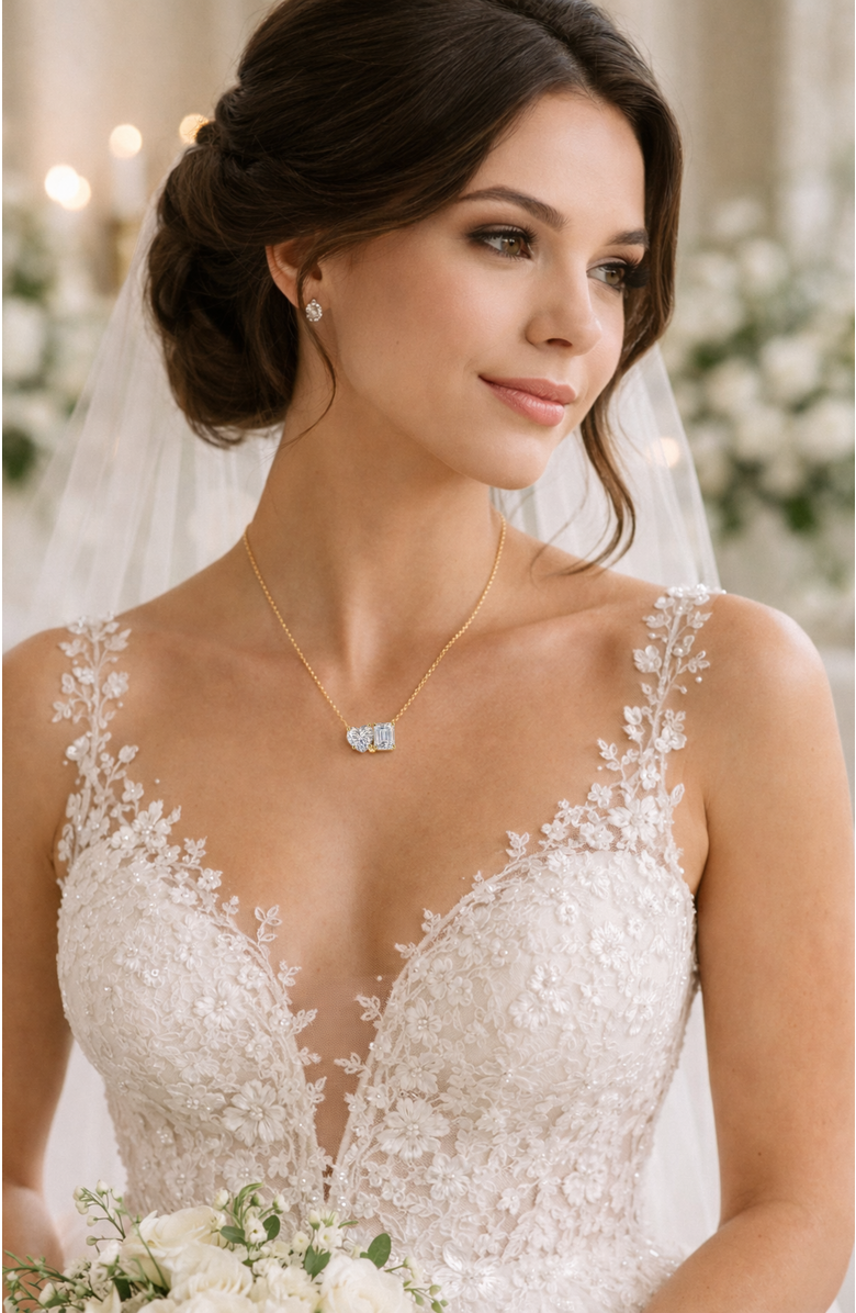 DLORIA 2 ct. t.w. Toi et Moi Moissanite Necklace (Heart & Emerald-Cut, Color D, FL Clarity) in Gold Vermeil, Alternate, color, Gold
