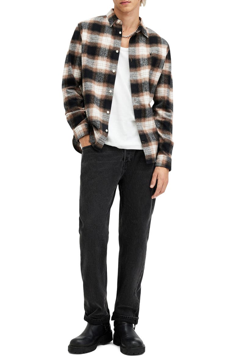 AllSaints Mercy Plaid Cotton Flannel Button-Up Shirt, Alternate, color, Rusty Orange/Black/White