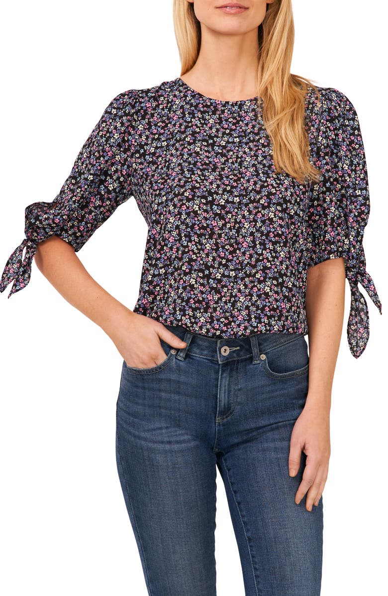 CeCe Floral Print Tie Sleeve Top, Main, color, Rich Black