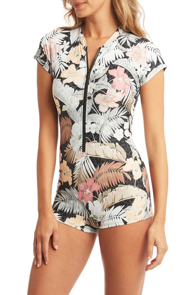 Sea Level Calypso Short Sleeve Front Zip Rashguard Swimsuit, Alternate, color,