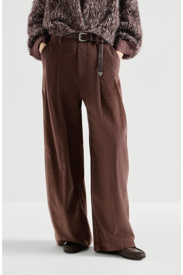 Stretch cotton and cashmere corduroy five-pocket baggy trousers with monili, Main, color, Chocolate