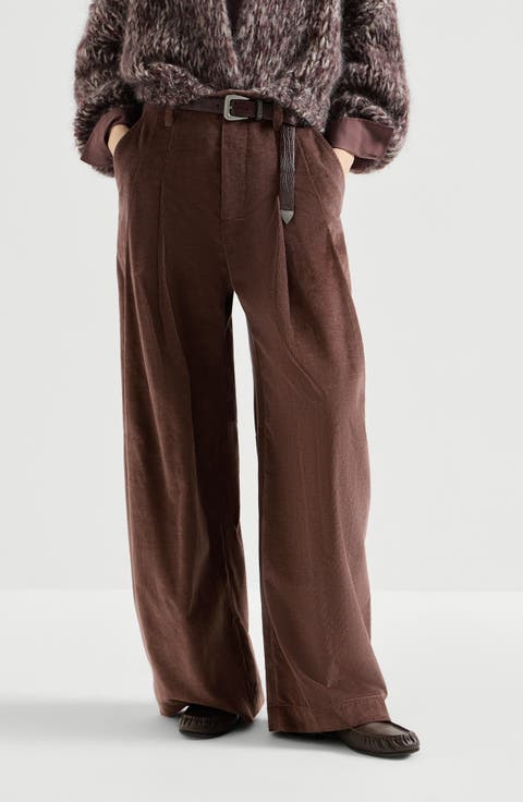 Stretch cotton and cashmere corduroy five-pocket baggy trousers with monili