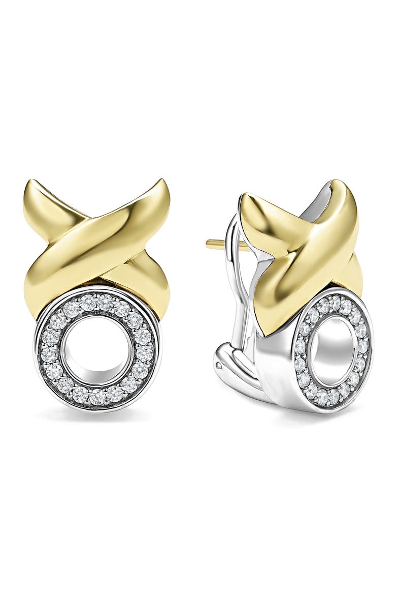 Embrace XO Pavé Diamond Omega Earrings, Main, color, GOLD/ SILVER