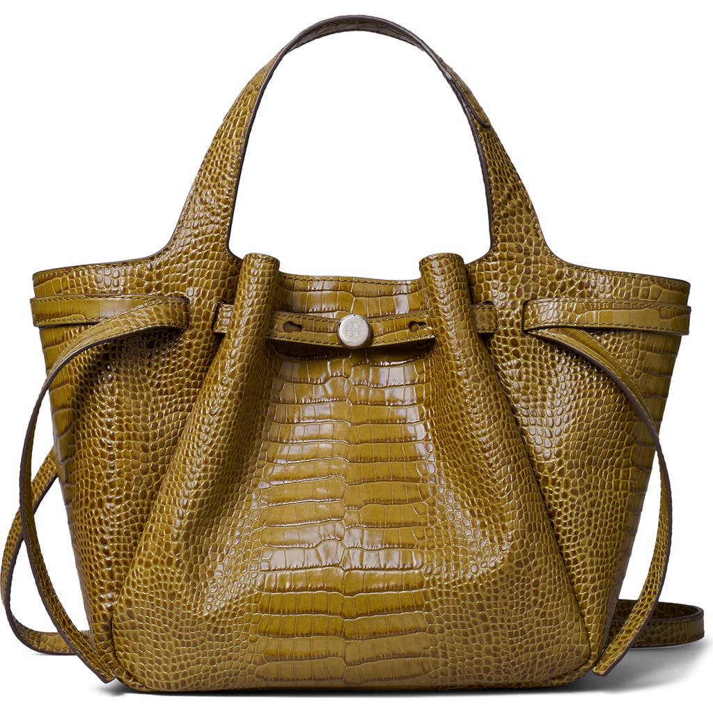Tory Burch Romy Small Belted Croc-embossed Tote Bag In Brown