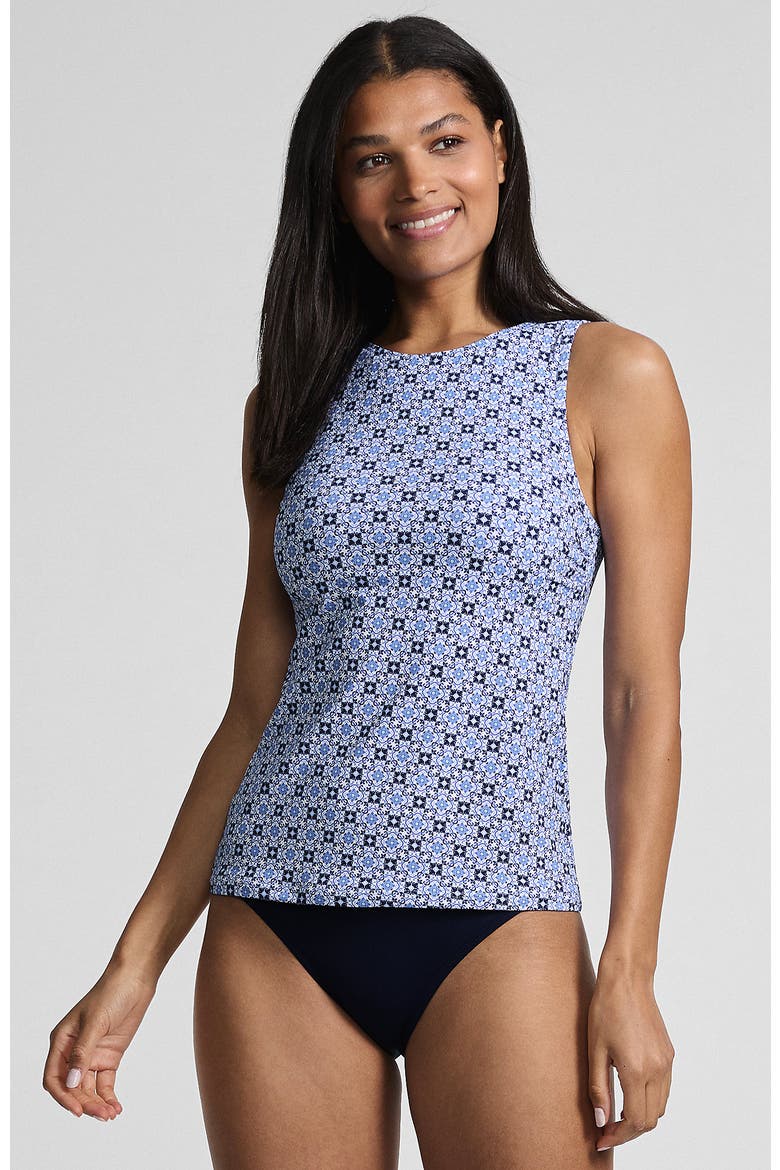 DD-Cup High Neck UPF 50 Sun Protection Modest Tankini Swimsuit Top, Main, color, Lake Blue Geo Floral