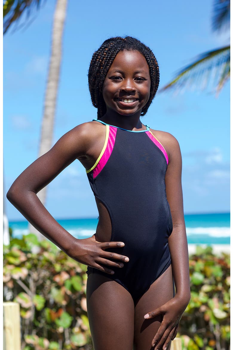 High-Impact Sporty Neon Color-Block One-Piece Swimsuit, Alternate, color, Black