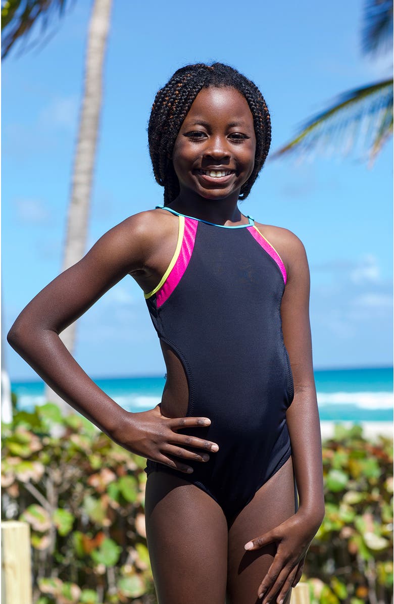 NESSI BYRD High-Impact Sporty Neon Color-Block One-Piece Swimsuit, Alternate, color, Black