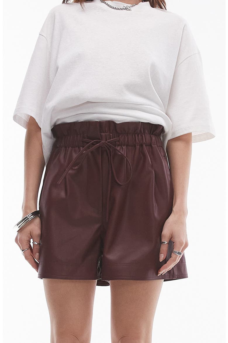 Paperbag Waist Drawstring Faux Leather Shorts, Alternate, color, DARK RED