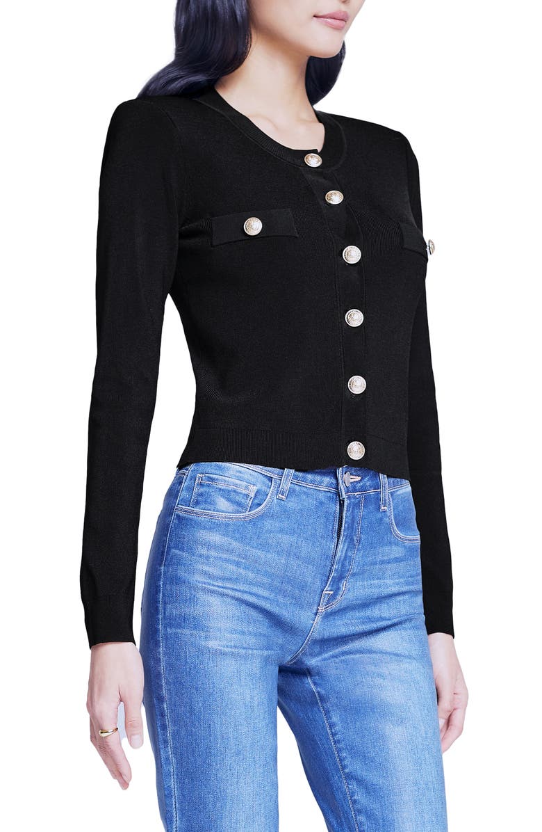 L'AGENCE Toulouse Crewneck Cardigan, Alternate, color, Black