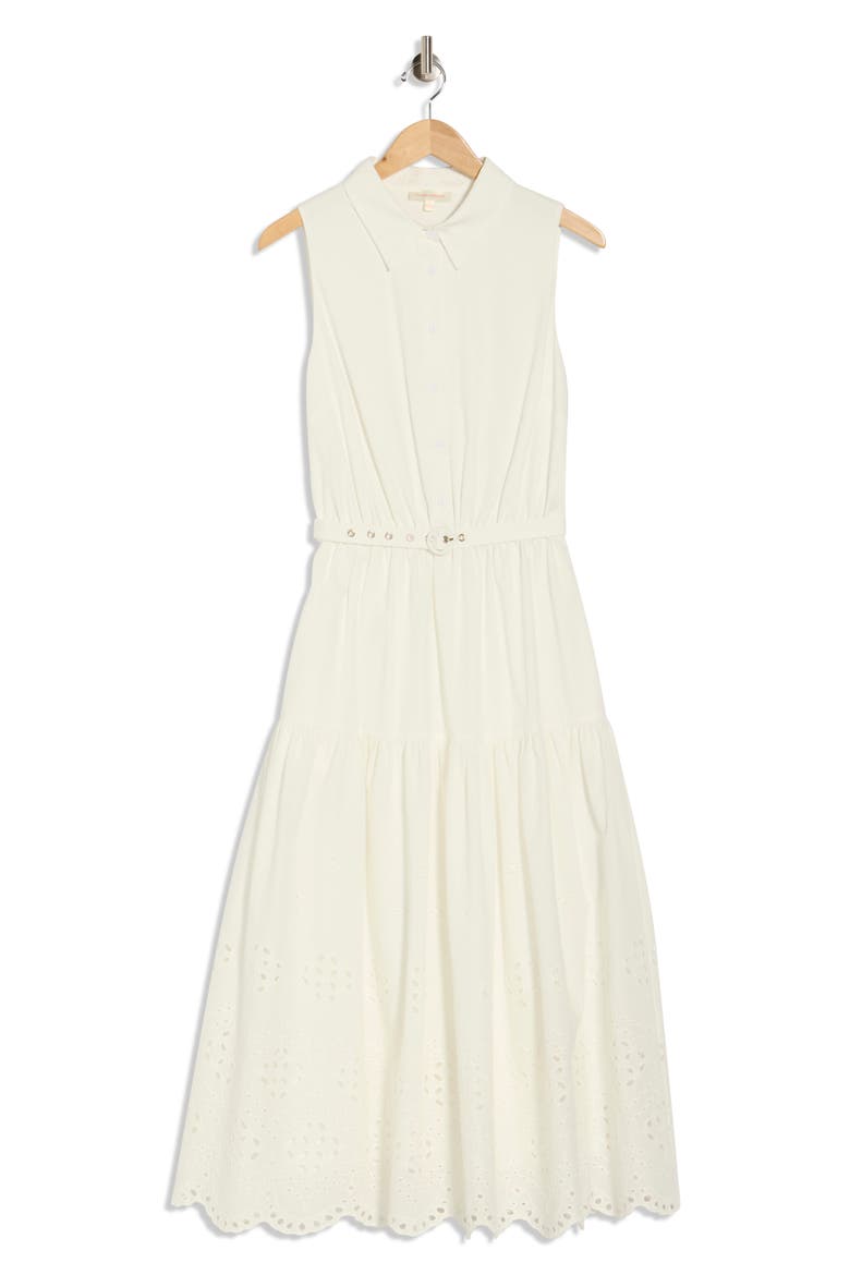 Sleeveless Eyelet Solid Midi Shirtdress, Alternate, color, WHITE