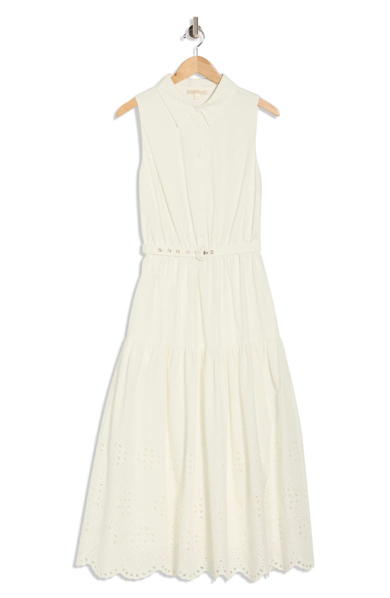 FLYING TOMATO Sleeveless Eyelet Solid Midi Shirtdress, Main, color, White