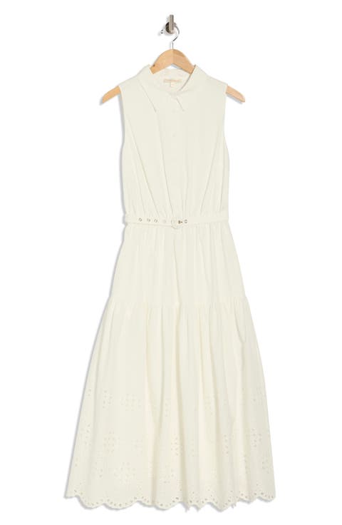 Sleeveless Eyelet Solid Midi Shirtdress
