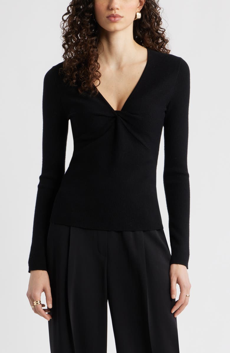 Nordstrom Twist Front Detail Merino Wool Blend Sweater, Main, color, Black