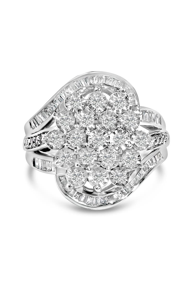 Sterling Silver 1.0 Cttw Diamond Swirl Cluster Cocktail Ring, Main, color, Silver