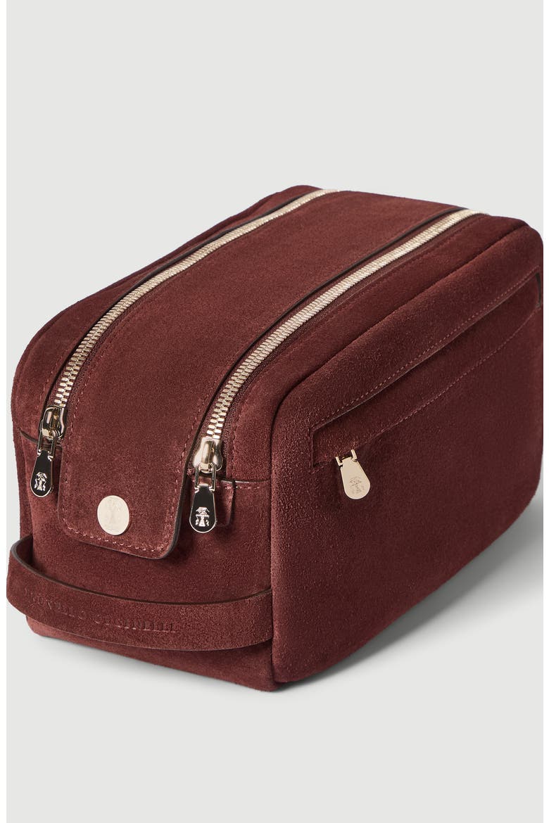 Suede beauty case with double zipper, Alternate, color, Burgundy