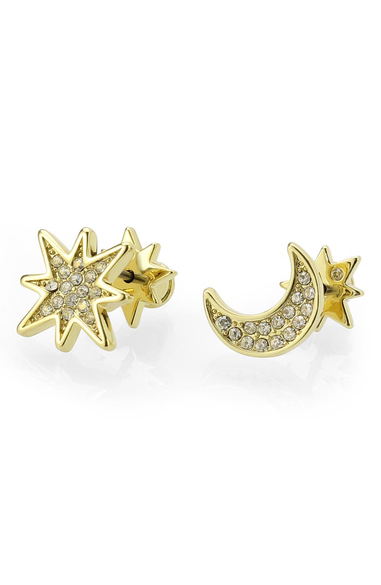 Covet Moon and Star CZ Pavé Stud Earrings, Alternate, color, Gold